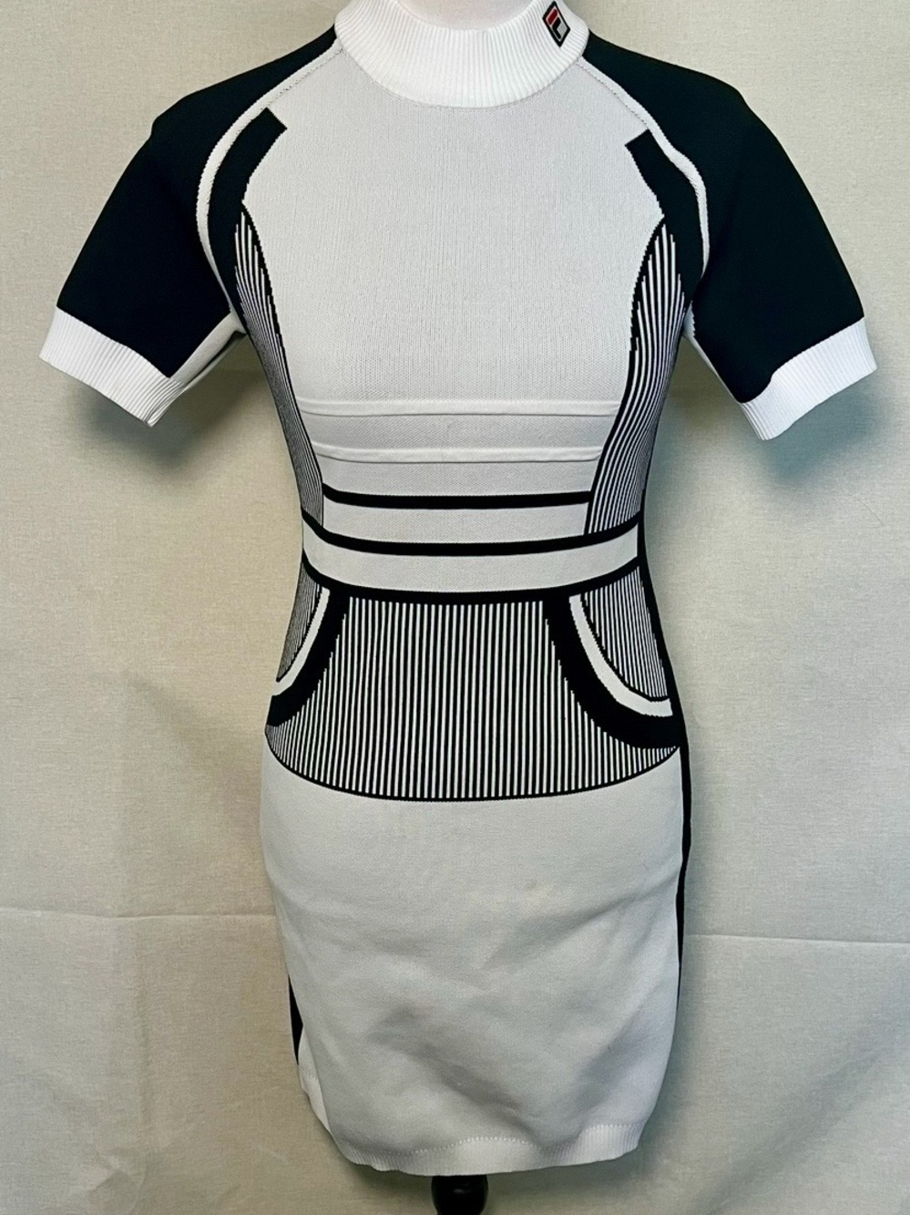 Vintage Fila White Line Knit Mini Dress US 6 Black White Mod